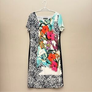 Simon Chang Multicolour Floral & Leopard Print Knee-Length Dress – Size 12 EUC